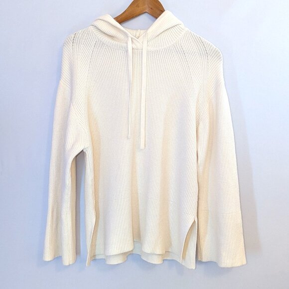 CALIA | Cashmere Blend Ribbed Knit Hooded Sweater Pullover in Cream | Small - Picture 6 of 14